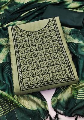 Olive Green Ethnic Motifs Embroidered Poly Blend Kurta Set