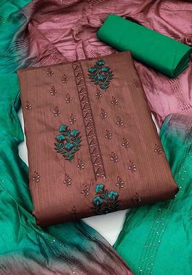 Brown Floral Embroidered Poly Blend Kurta Set