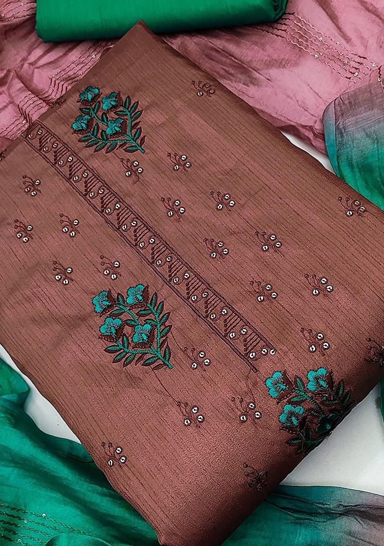 Brown Floral Embroidered Poly Blend Kurta Set