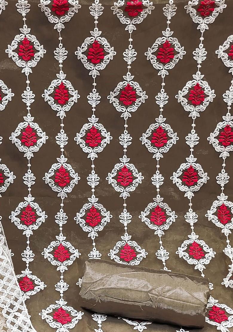 Brown Floral Embroidered Poly Blend Kurta Set