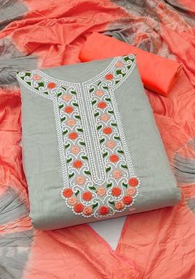 Grey Floral Embroidered Poly Blend Kurta Set