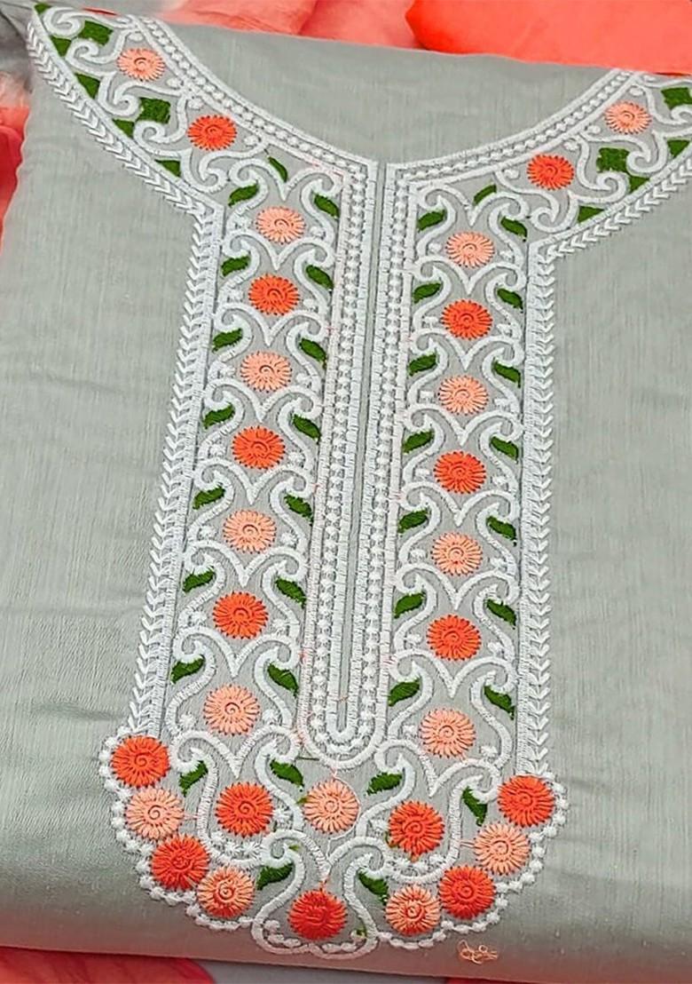 Grey Floral Embroidered Poly Blend Kurta Set