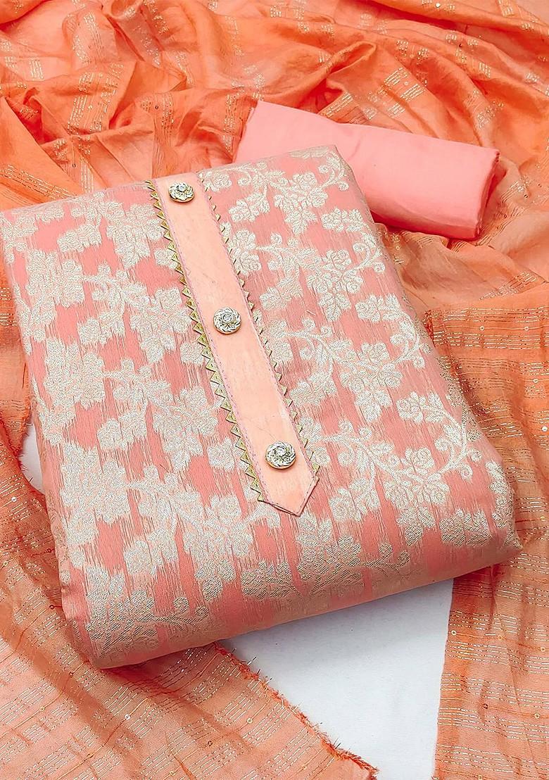 Peach Floral Woven Design Poly Blend Kurta Set