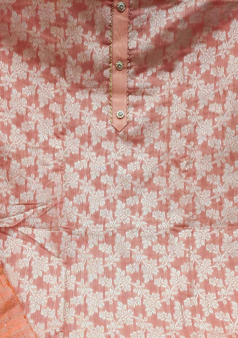 Peach Floral Woven Design Poly Blend Kurta Set