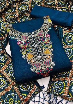 Teal Blue Embroidered Poly Blend Kurta Set