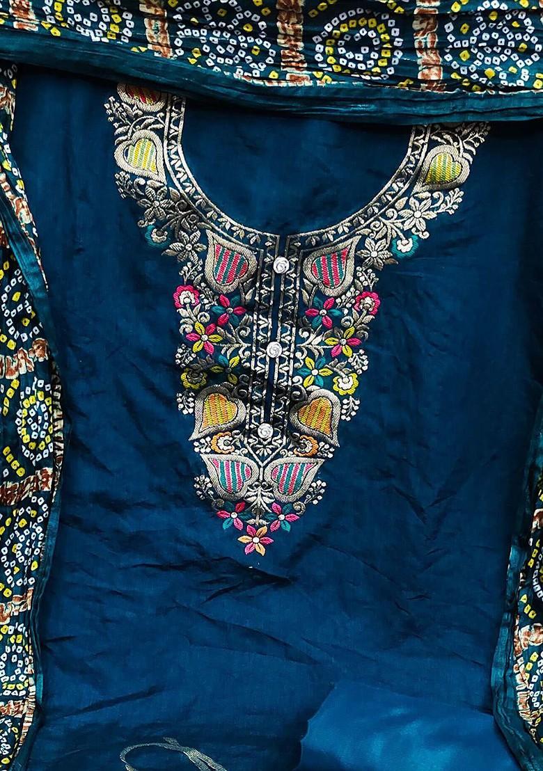 Teal Blue Embroidered Poly Blend Kurta Set