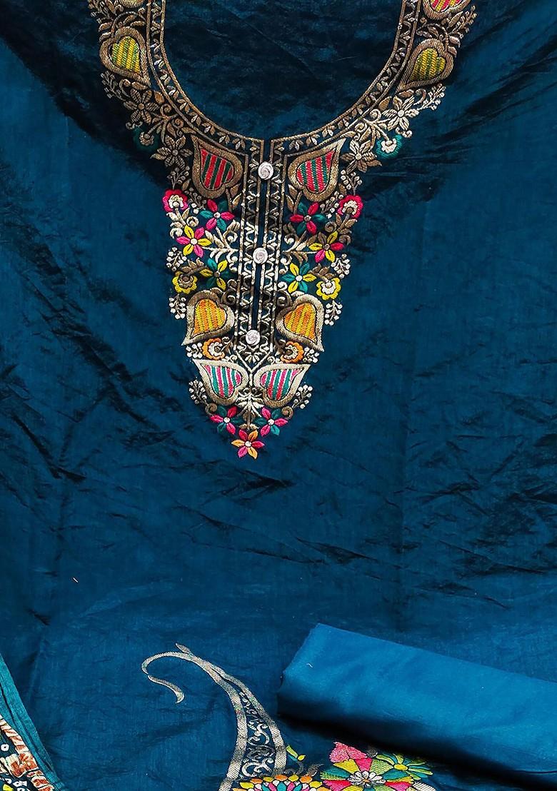 Teal Blue Embroidered Poly Blend Kurta Set