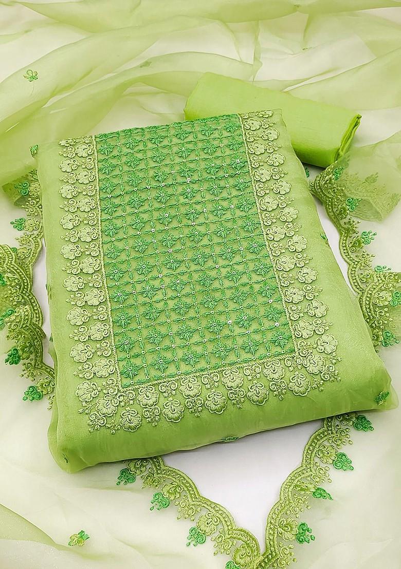 Green Floral Embroidered Poly Blend Kurta Set