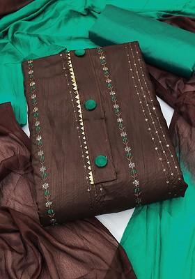 Brown Sequin Embroidered Poly Blend Kurta Set