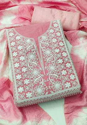 Pink Floral Embroidered Poly Blend Kurta Set