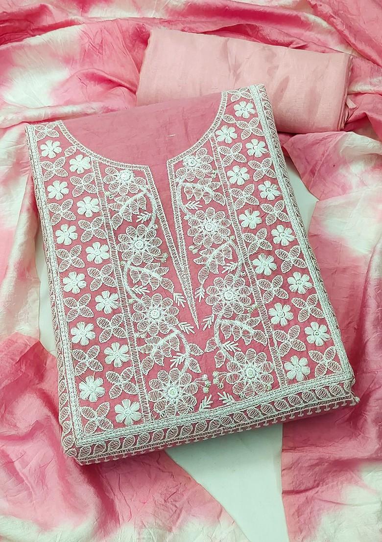Pink Floral Embroidered Poly Blend Kurta Set