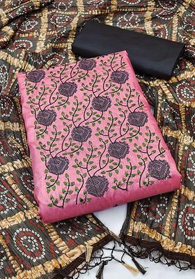 Pink Floral Embroidered Poly Blend Kurta Set