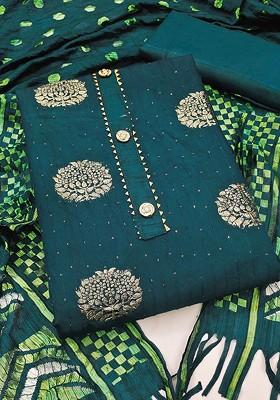 Green Ethnic Motifs Woven Poly Blend Kurta Set