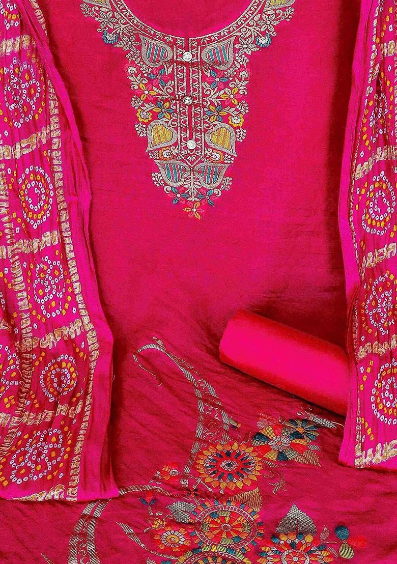 Pink Floral Woven Design Poly Blend Kurta Set
