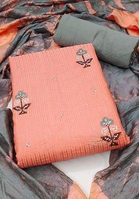 Peach Floral Embroidered Poly Blend Kurta Set