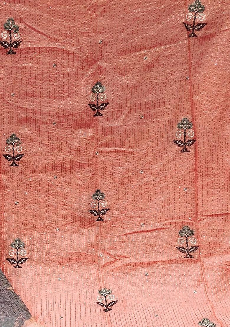 Peach Floral Embroidered Poly Blend Kurta Set