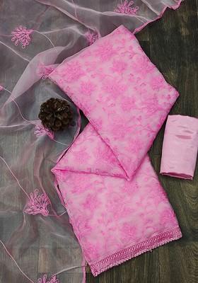 Pink Ethnic Motifs Embroidered Organza Kurta Set