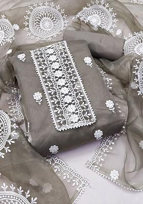 Grey Floral Embroidered Organza Kurta Set
