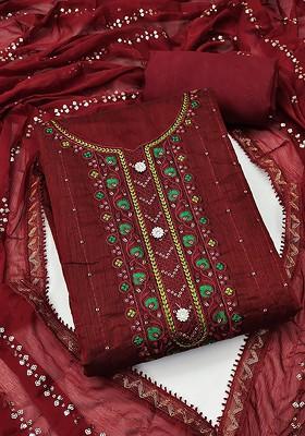 Maroon Floral Embroidered Poly Blend Kurta Set