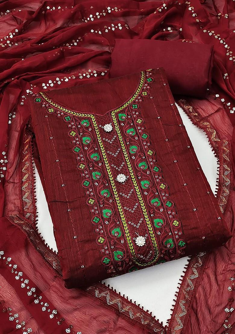 Maroon Floral Embroidered Poly Blend Kurta Set