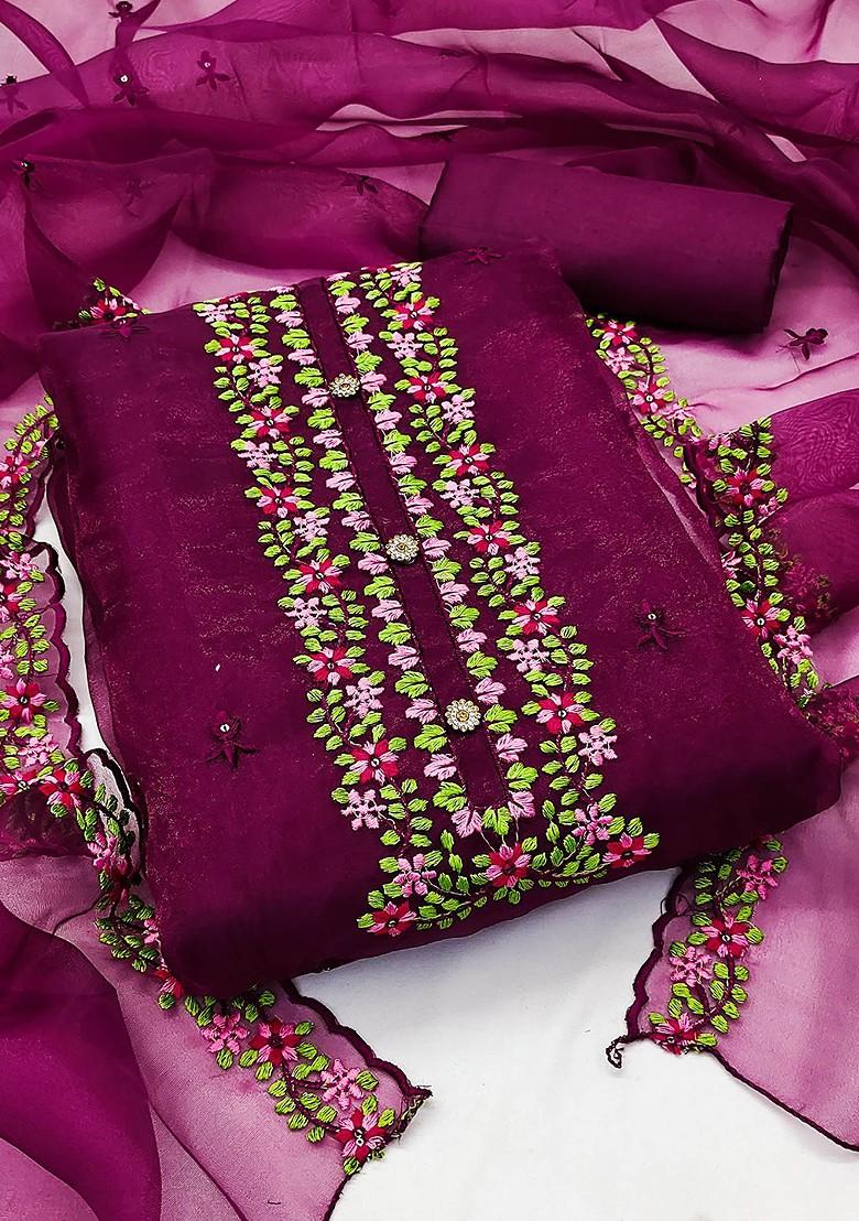 Magenta Ethnic Motifs Embroidered Organza Kurta Set