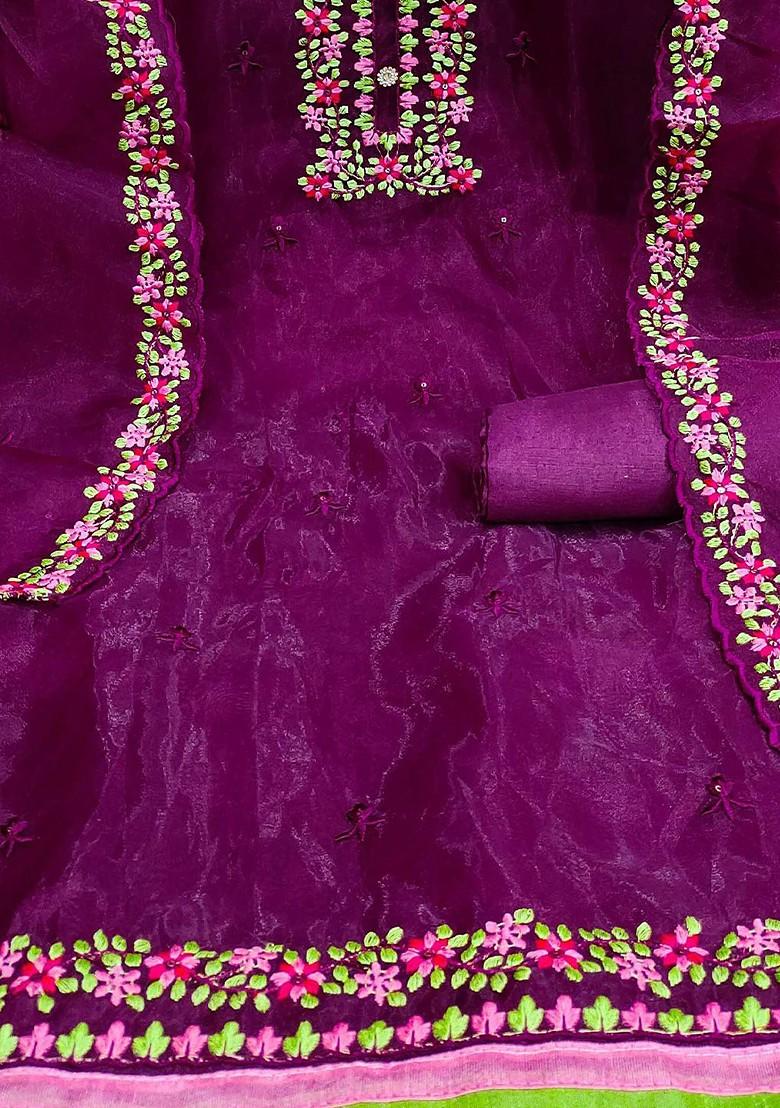 Magenta Ethnic Motifs Embroidered Organza Kurta Set