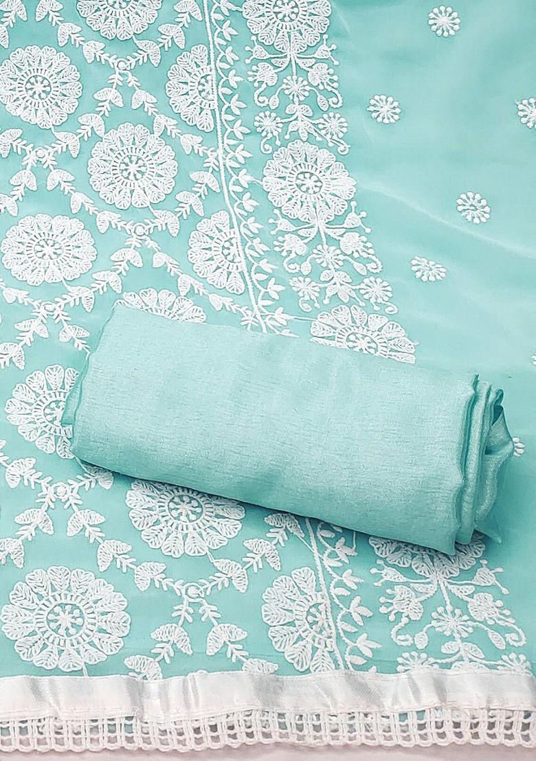 Sea Green Floral Embroidered Poly Blend Kurta Set