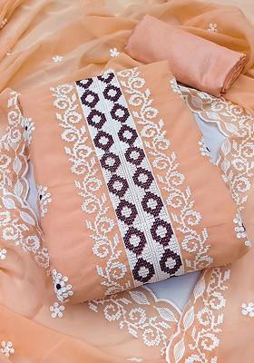Peach Ethnic Motifs Embroidered Silk Georgette Kurta Set