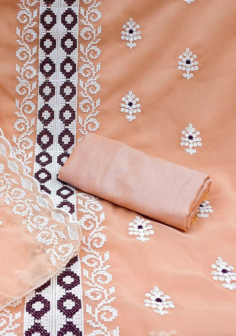 Peach Ethnic Motifs Embroidered Silk Georgette Kurta Set