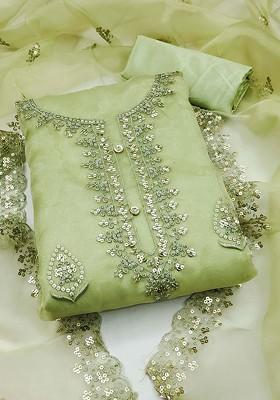 Green Ethnic Motifs Embroidered Organza Kurta Set