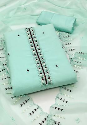 Sea Green Ethnic Motifs Embroidered Silk Georgette Kurta Set