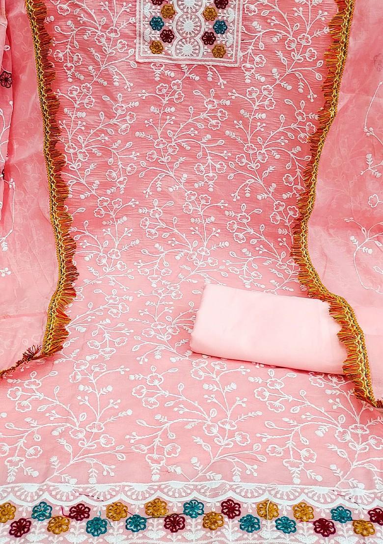 Pink Floral Embroidered Poly Blend Kurta Set