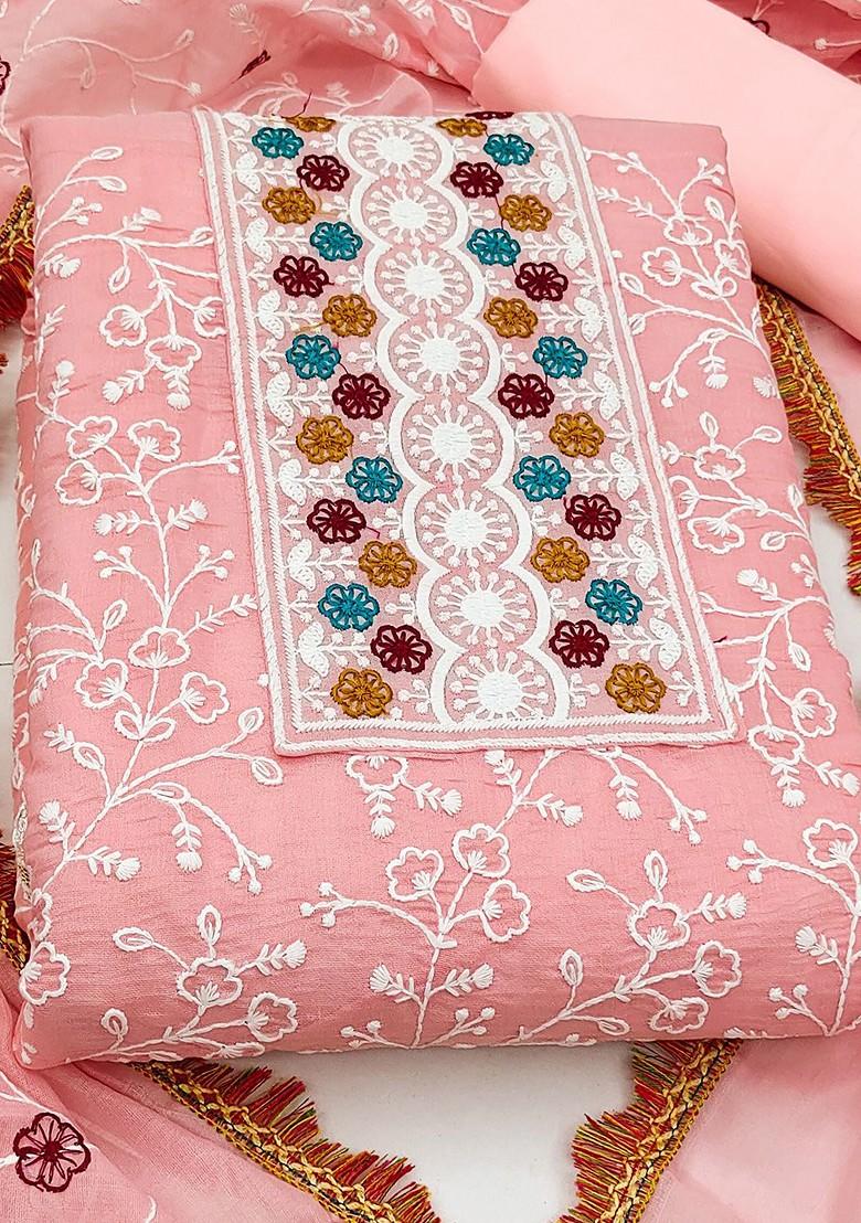 Pink Floral Embroidered Poly Blend Kurta Set