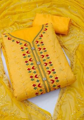 Yellow Sequin Embroidered Poly Blend Kurta Set