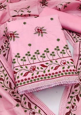 Pink Floral Embroidered Pure Cotton Kurta Set