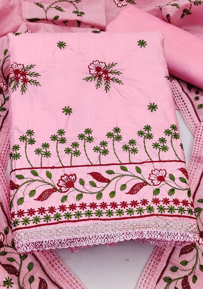 Pink Floral Embroidered Pure Cotton Kurta Set