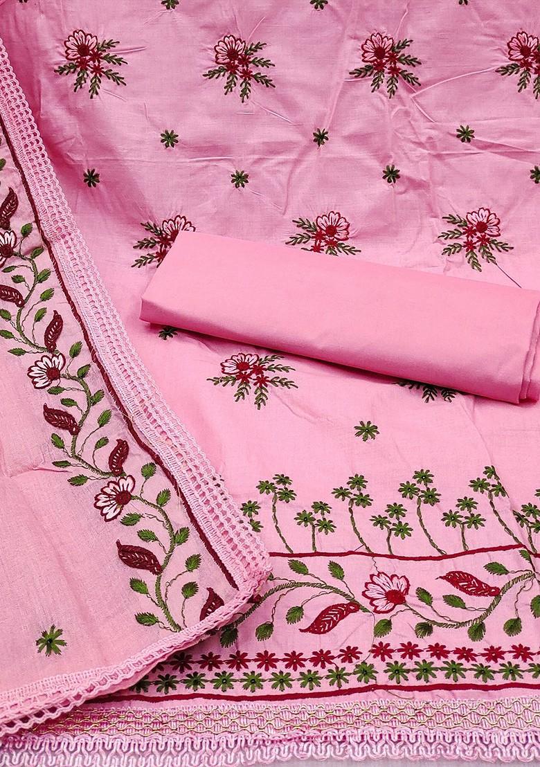 Pink Floral Embroidered Pure Cotton Kurta Set