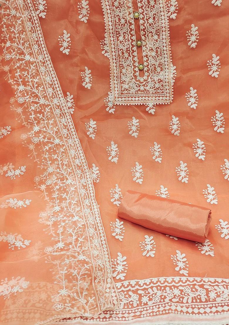 Orange Ethnic Motifs Embroidered Organza Kurta Set