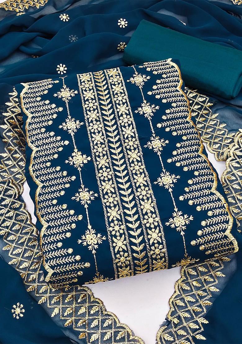 Teal Blue Embroidered Silk Georgette Kurta Set