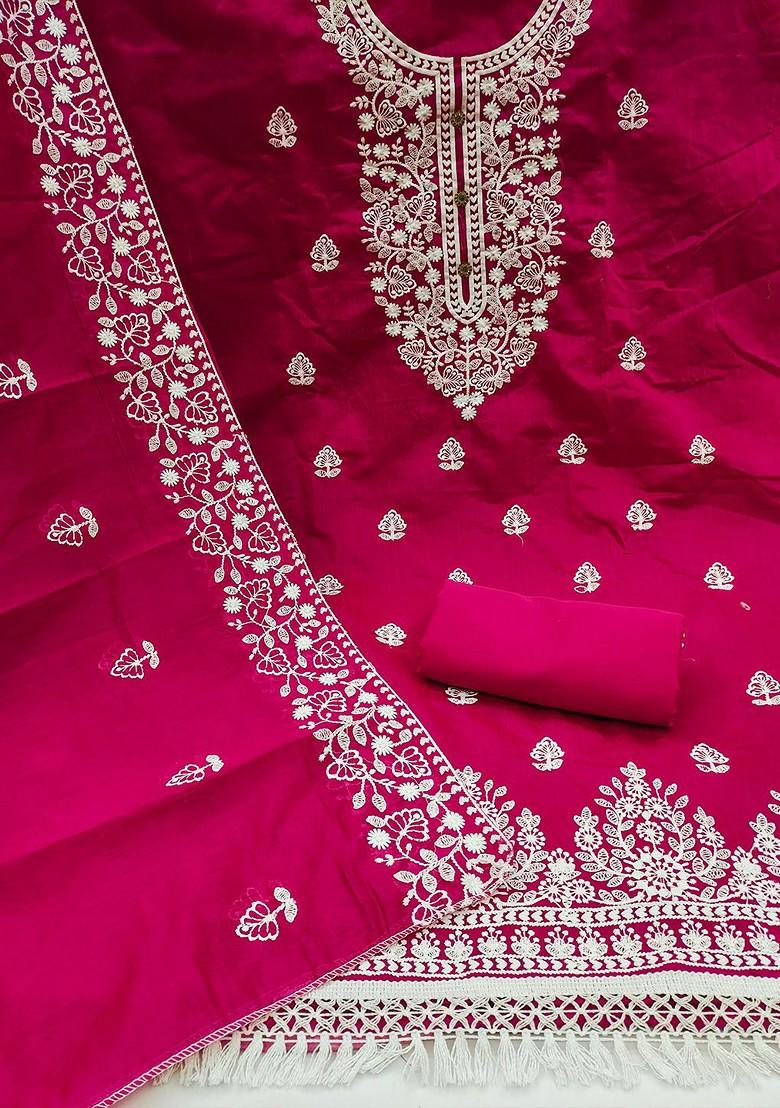 Pink Floral Embroidered Poly Blend Kurta Set