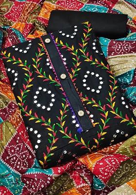 Black Floral Embroidered Poly Blend Kurta Set