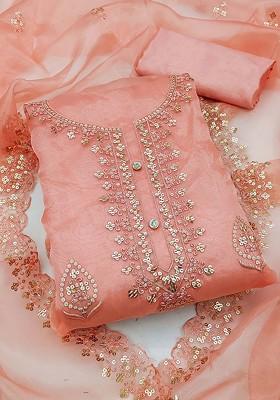 Peach Floral Embroidered Poly Blend Kurta Set