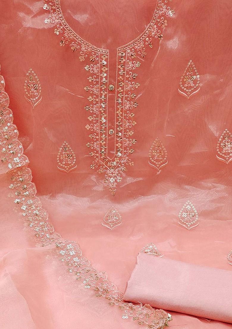 Peach Floral Embroidered Poly Blend Kurta Set