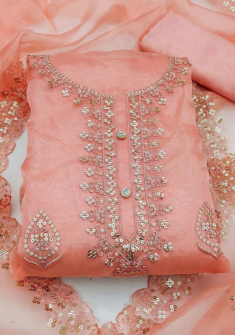 Peach Floral Embroidered Poly Blend Kurta Set