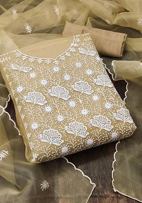 Beige Floral Embroidered Organza Kurta Set