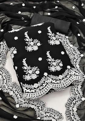 Black Floral Embroidered Poly Blend Kurta Set