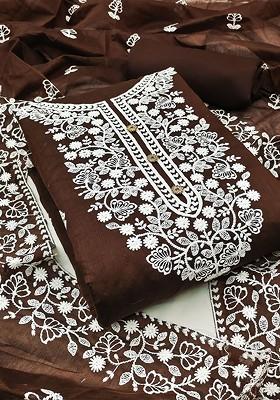 Brown Floral Embroidered Poly Blend Kurta Set