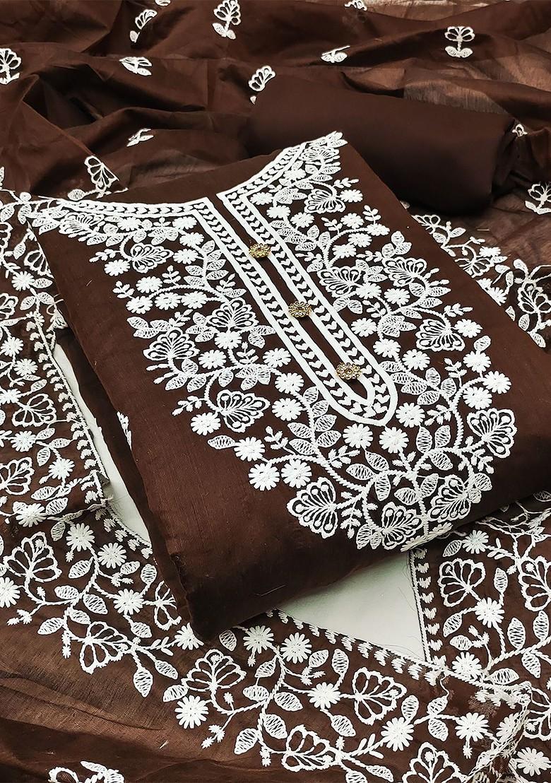 Brown Floral Embroidered Poly Blend Kurta Set