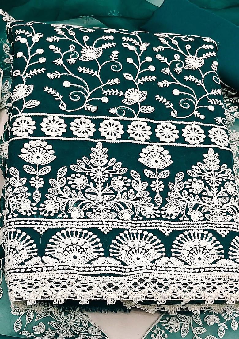 Green Floral Embroidered Poly Blend Kurta Set
