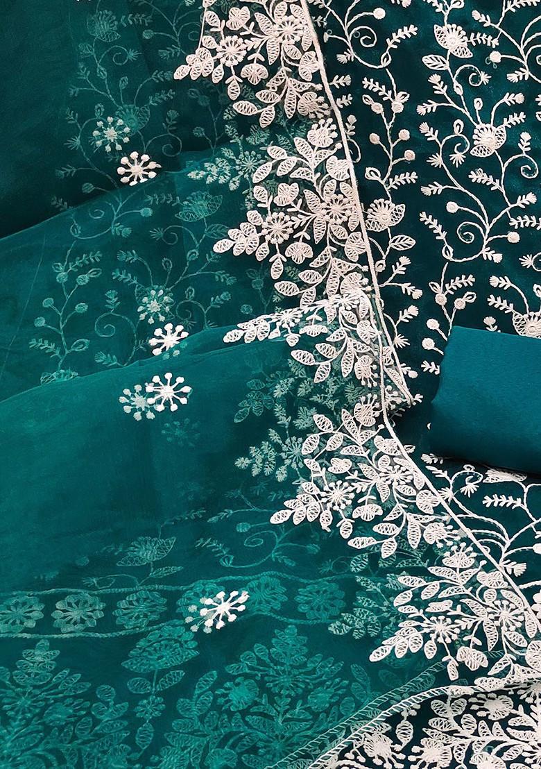 Green Floral Embroidered Poly Blend Kurta Set
